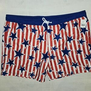Mad Engine Red White Blue Star Striped Swim Trunks XXL 18" Outseam New